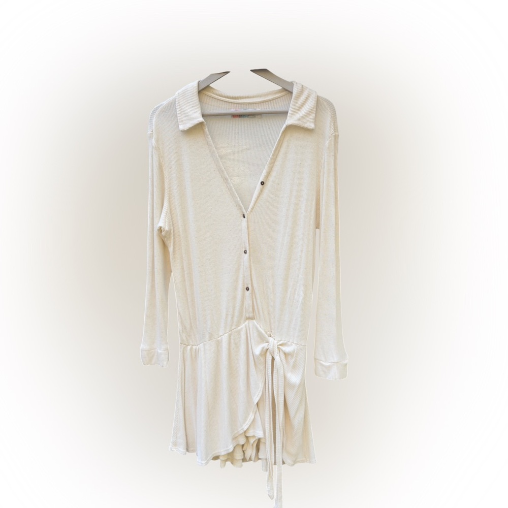 Free People Beach Lively Romper Ivory Rib Knit Lounge Boho Button Front Festival - Picture 3 of 7